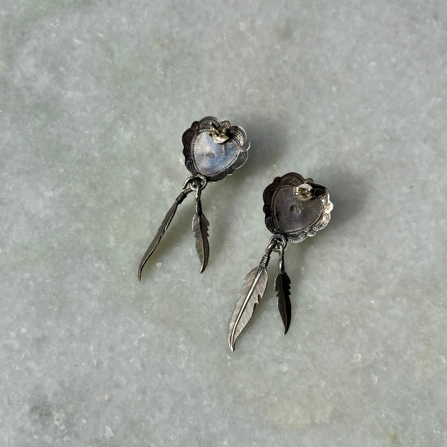 925 Silver Large Heart with Feather Charms Earrings
