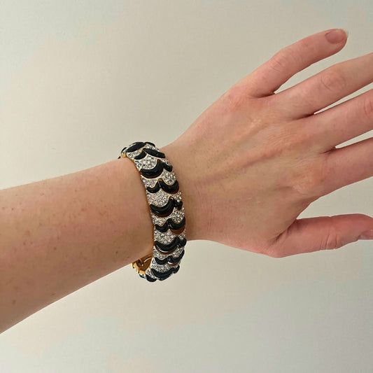 Vintage Rhinestone Encrusted Silver and Black Articulated Bracelet
