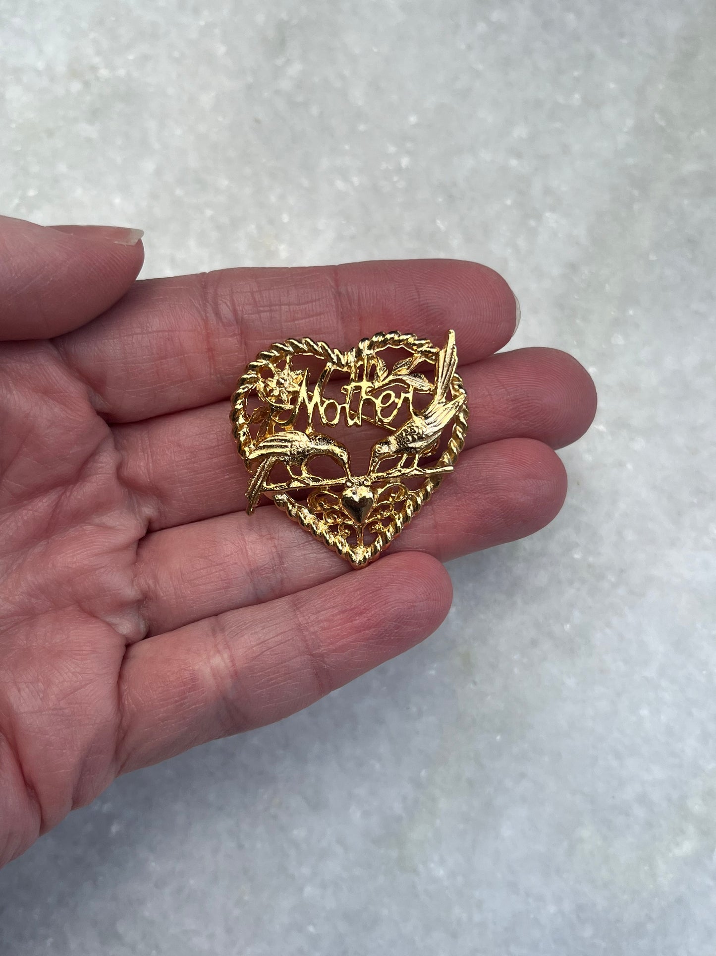 Vintage Deadstock Mother Heart and Birds Brooch