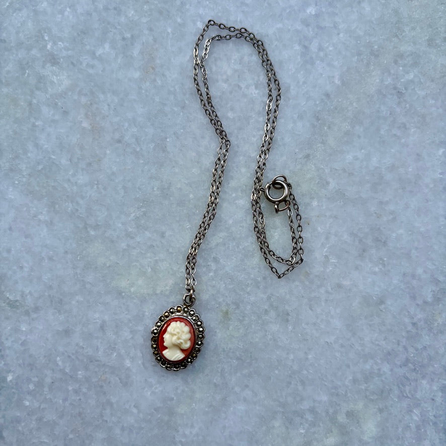 Silver Tone Small Cameo Pendant Necklace