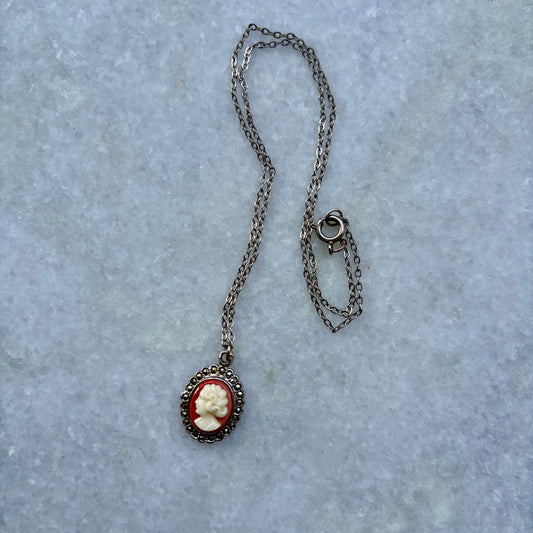 Silver Tone Small Cameo Pendant Necklace
