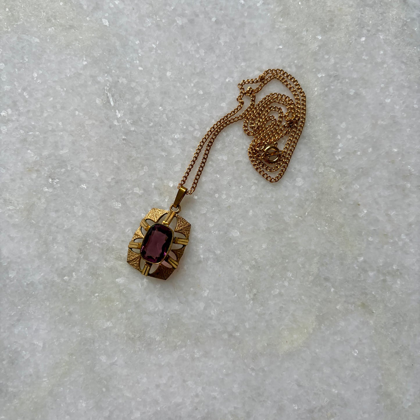 1960s Andreas Daub Rolled Gold Purple Glass Pendant Necklace