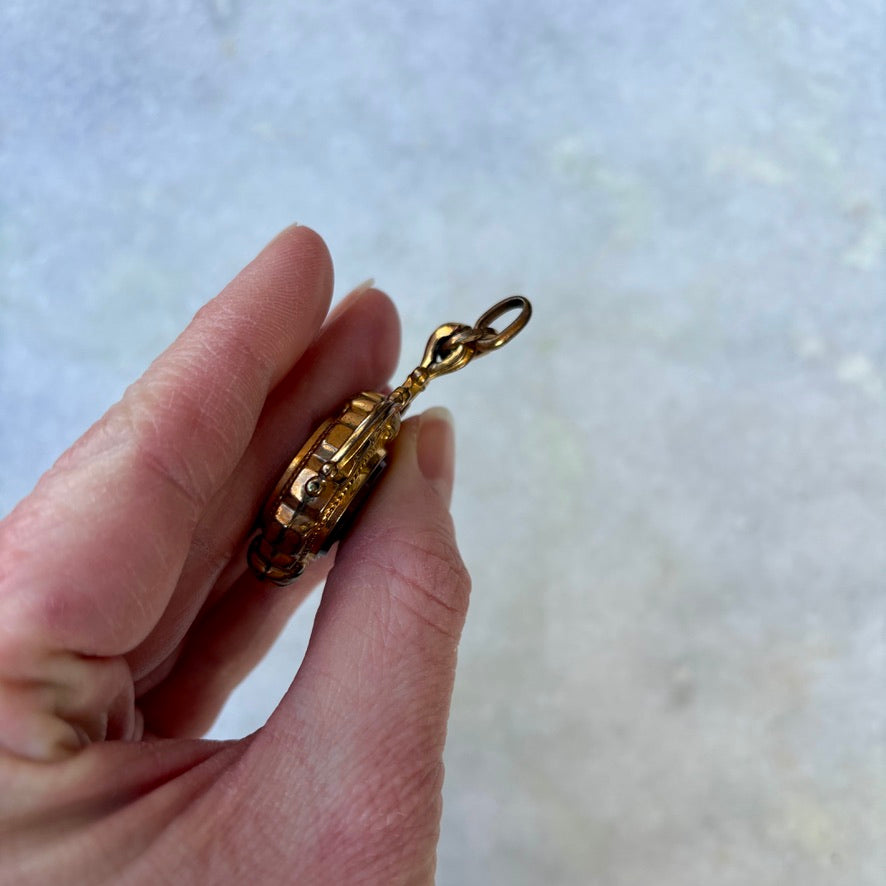 Antique Ornate Double Sided Mother of Pearl Wolf Spinner Banded Agate Fob Pendant