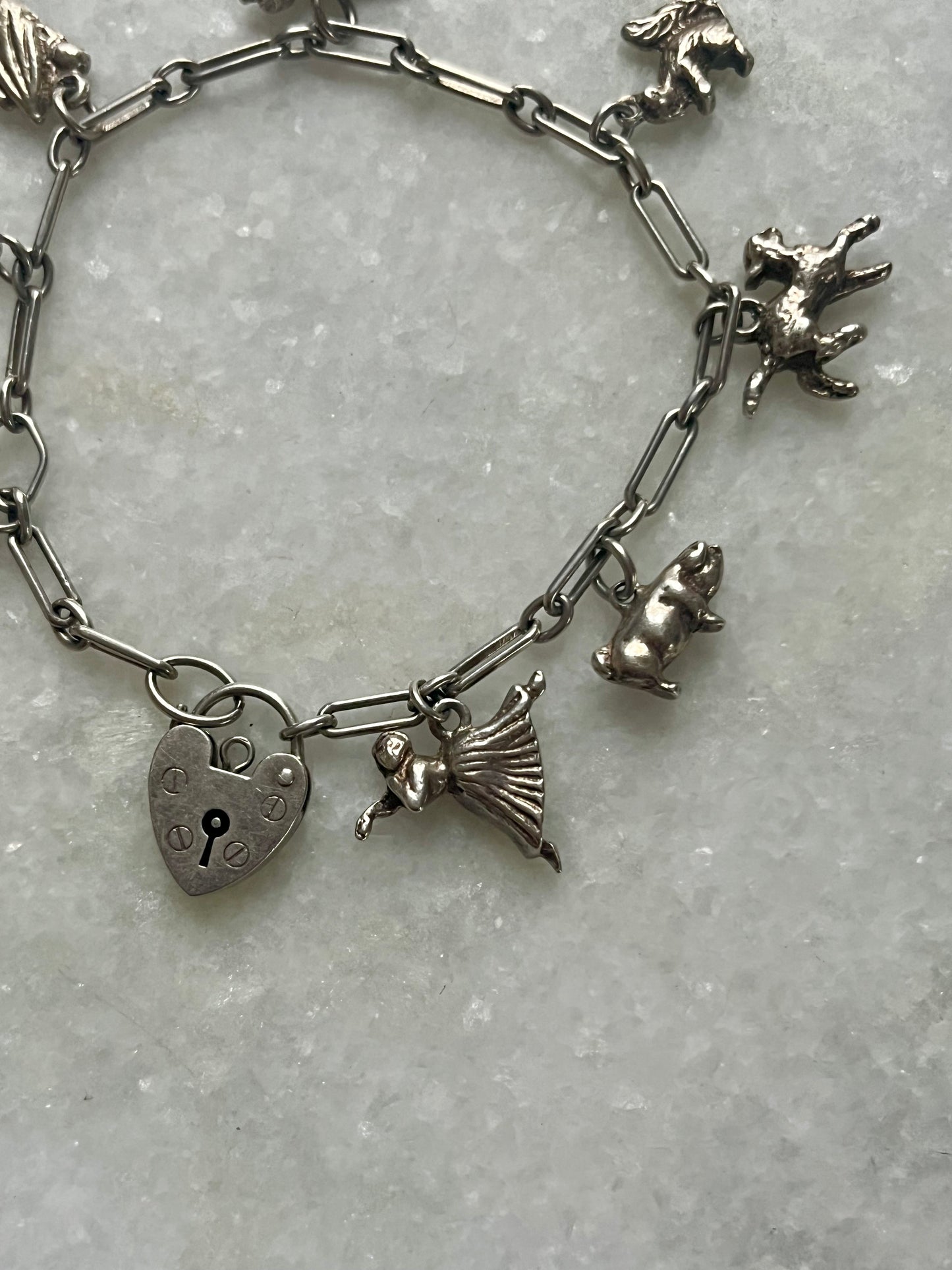 Vintage Sterling Silver Slim Charm Bracelet with 8 Charms and Heart Padlock