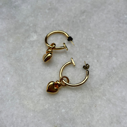 Vintage Gold Plated Deadstock Hoop Heart Charm Earrings
