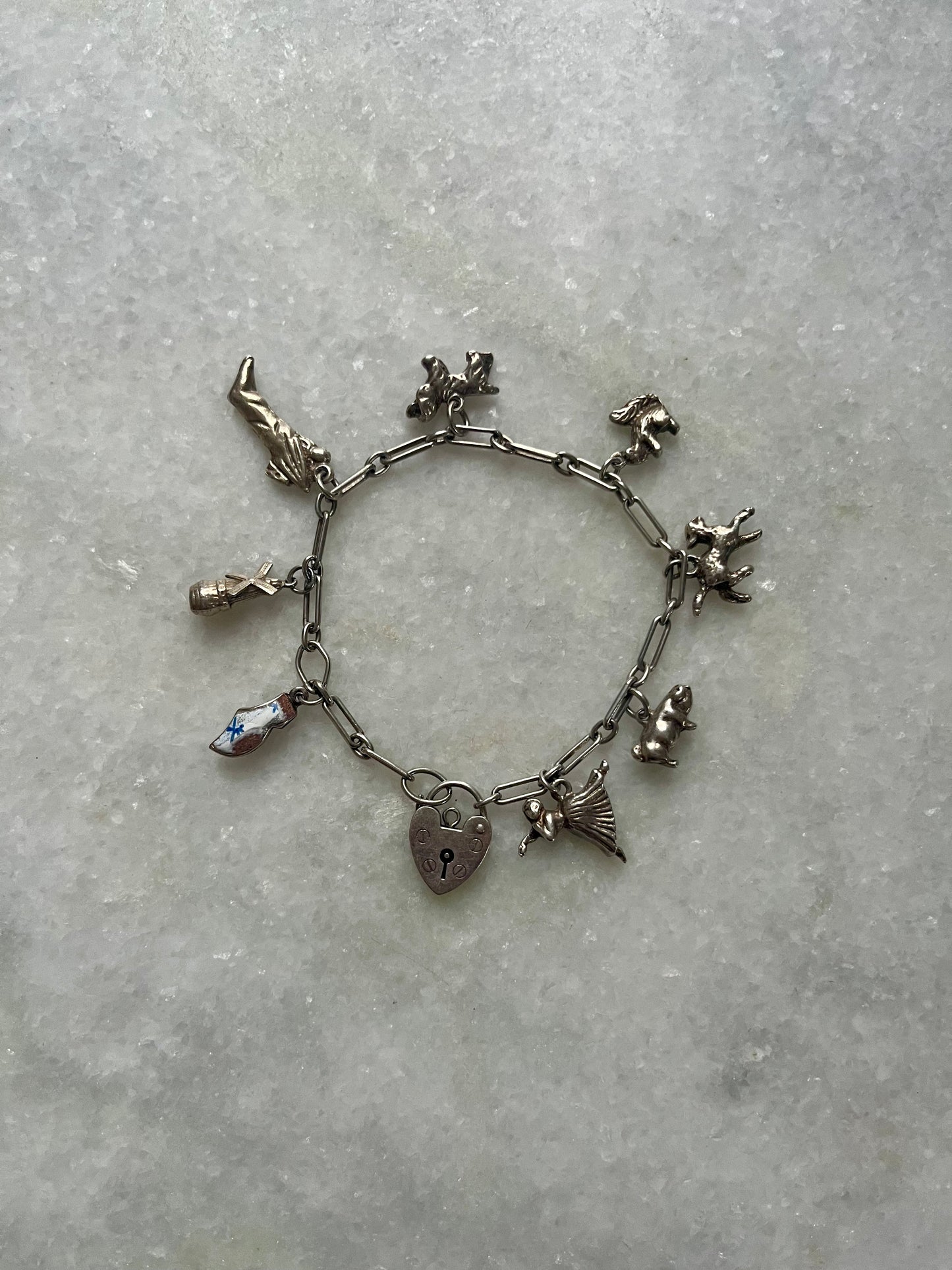 Vintage Sterling Silver Slim Charm Bracelet with 8 Charms and Heart Padlock