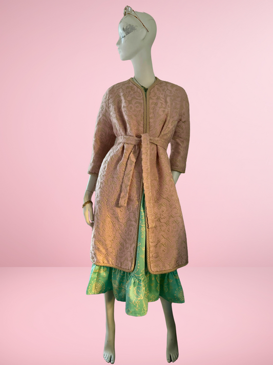 Vintage Jacquard Pink and Champagne Gold Belted Coat