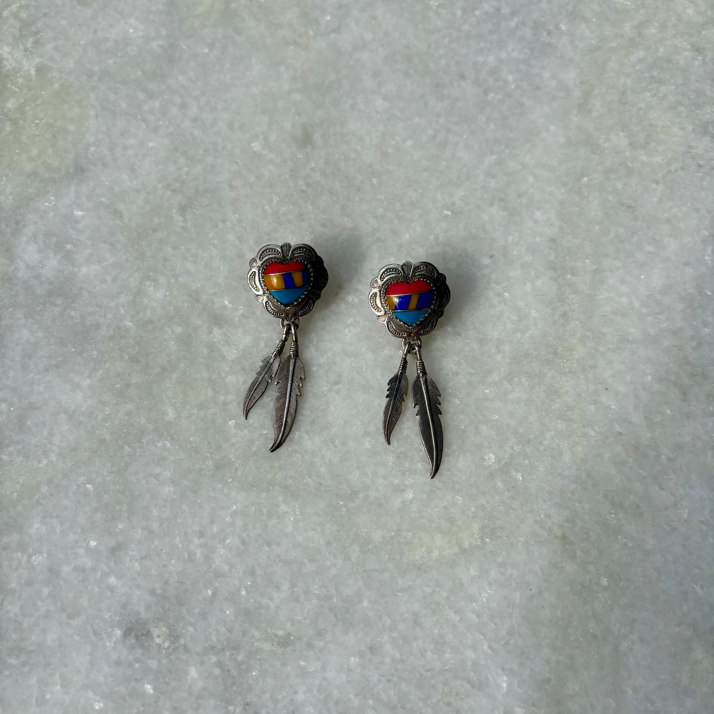 925 Silver Large Heart with Feather Charms Earrings