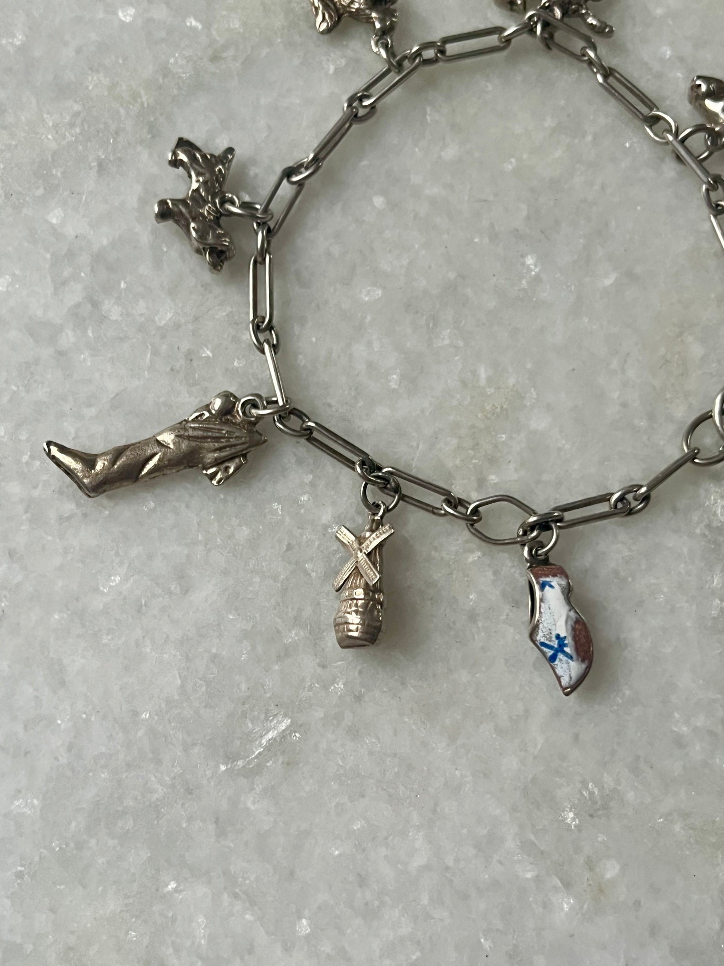 Vintage Sterling Silver Slim Charm Bracelet with 8 Charms and Heart Padlock