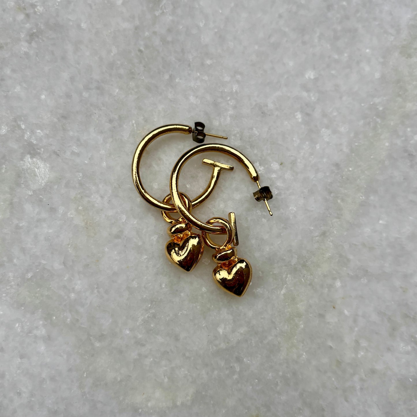 Vintage Gold Plated Deadstock Hoop Heart Charm Earrings