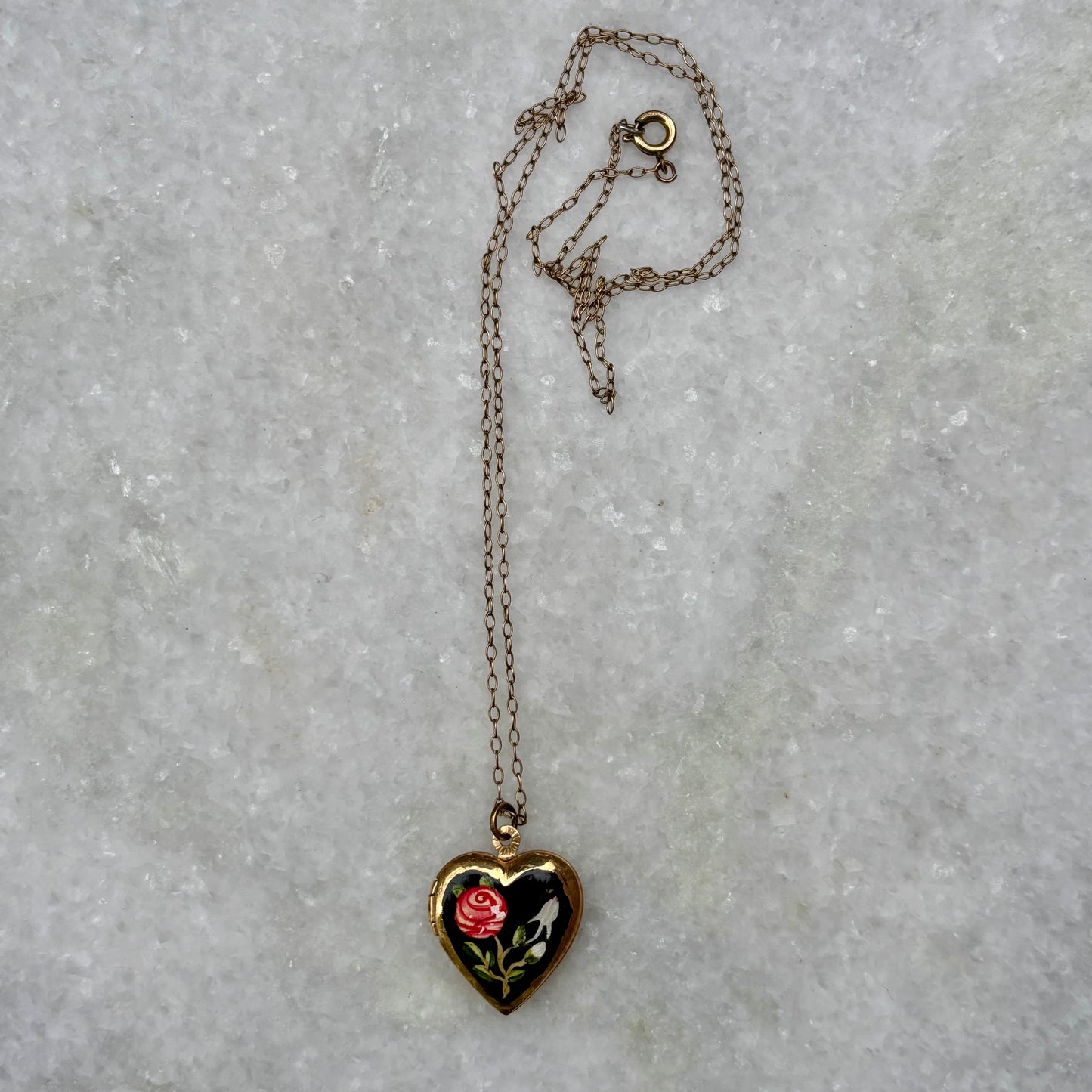 Vintage Floral Painted Gold Plated Heart Locket