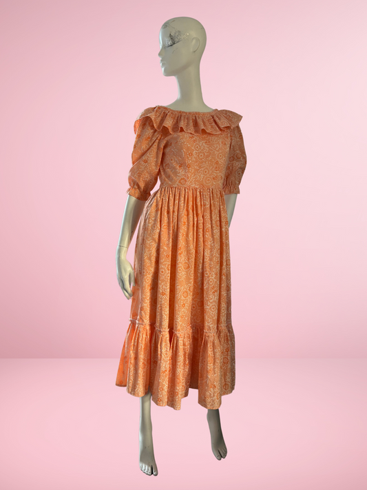 Handmade Vintage Peach Pink Floral Print Frill Prairie Dress
