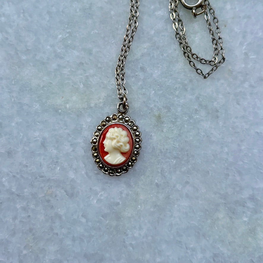 Silver Tone Small Cameo Pendant Necklace