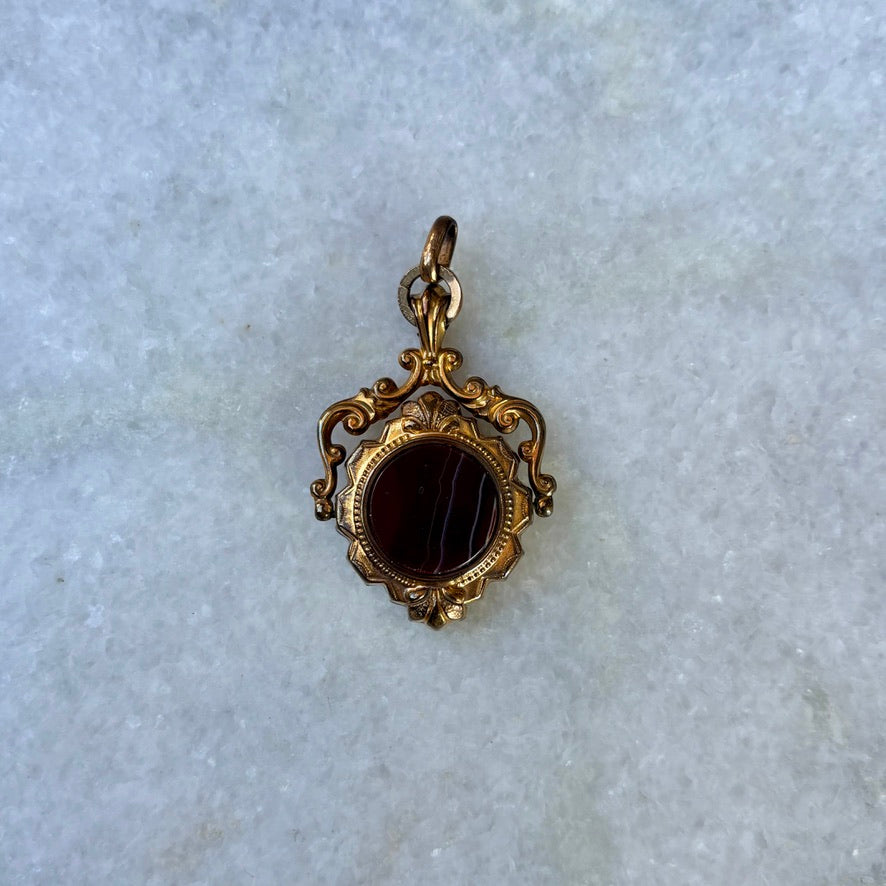 Antique Ornate Double Sided Mother of Pearl Wolf Spinner Banded Agate Fob Pendant