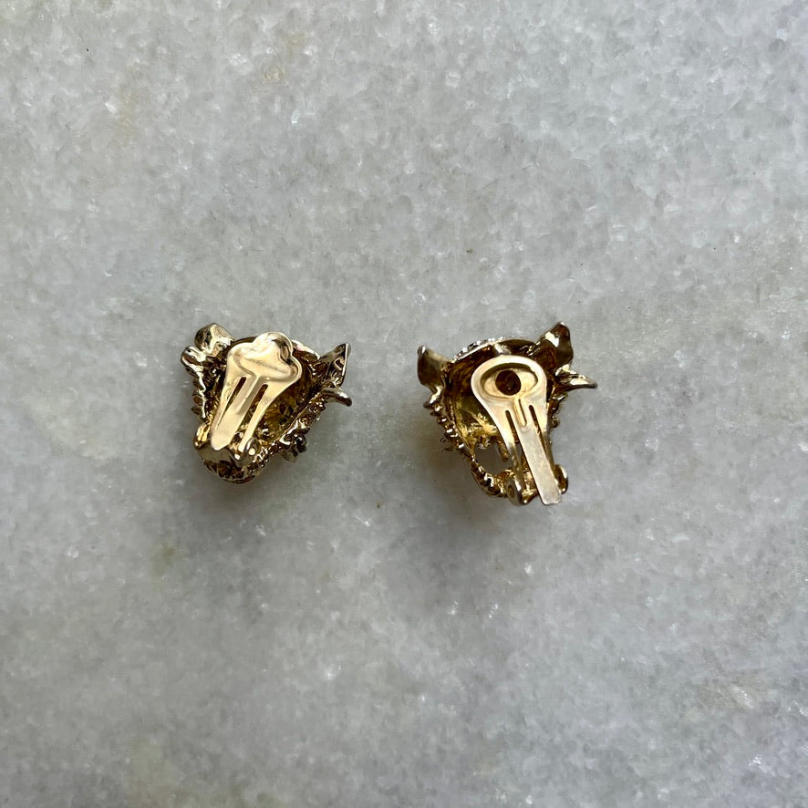 1980s Roaring Wild Cat Rhinestone Clip On Earrings