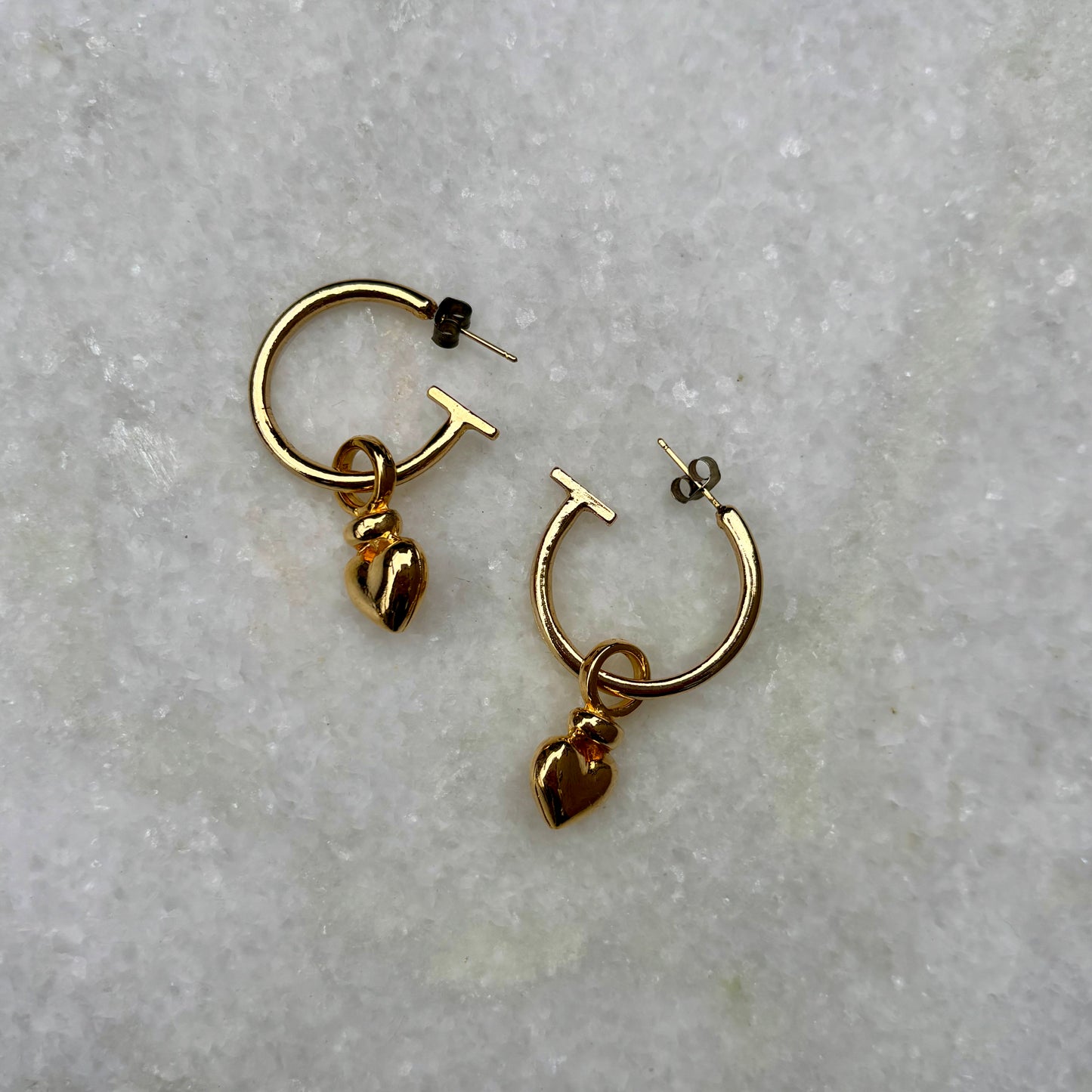 Vintage Gold Plated Deadstock Hoop Heart Charm Earrings