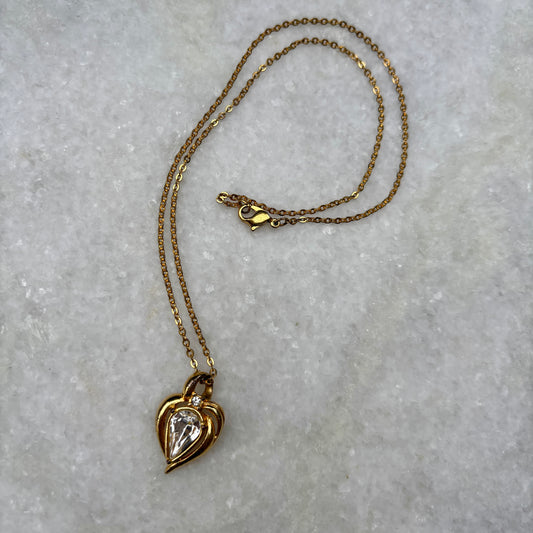 Contemporary Gold Tone Rhinestone Heart Necklace