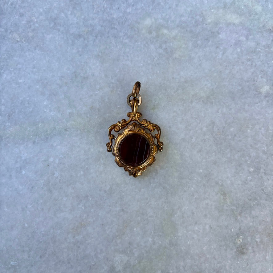 Antique Ornate Double Sided Mother of Pearl Wolf Spinner Banded Agate Fob Pendant