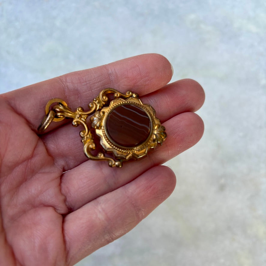 Antique Ornate Double Sided Mother of Pearl Wolf Spinner Banded Agate Fob Pendant