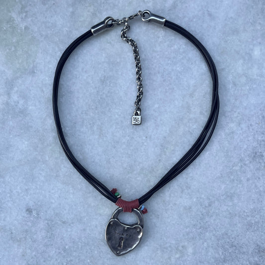 Uno de 50 Italian Designer Silver Plated Heart Padlock Leather Necklace
