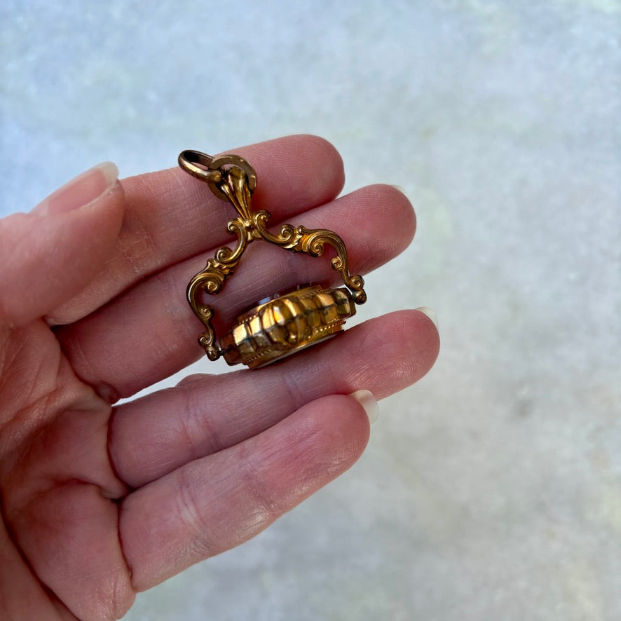 Antique Ornate Double Sided Mother of Pearl Wolf Spinner Banded Agate Fob Pendant