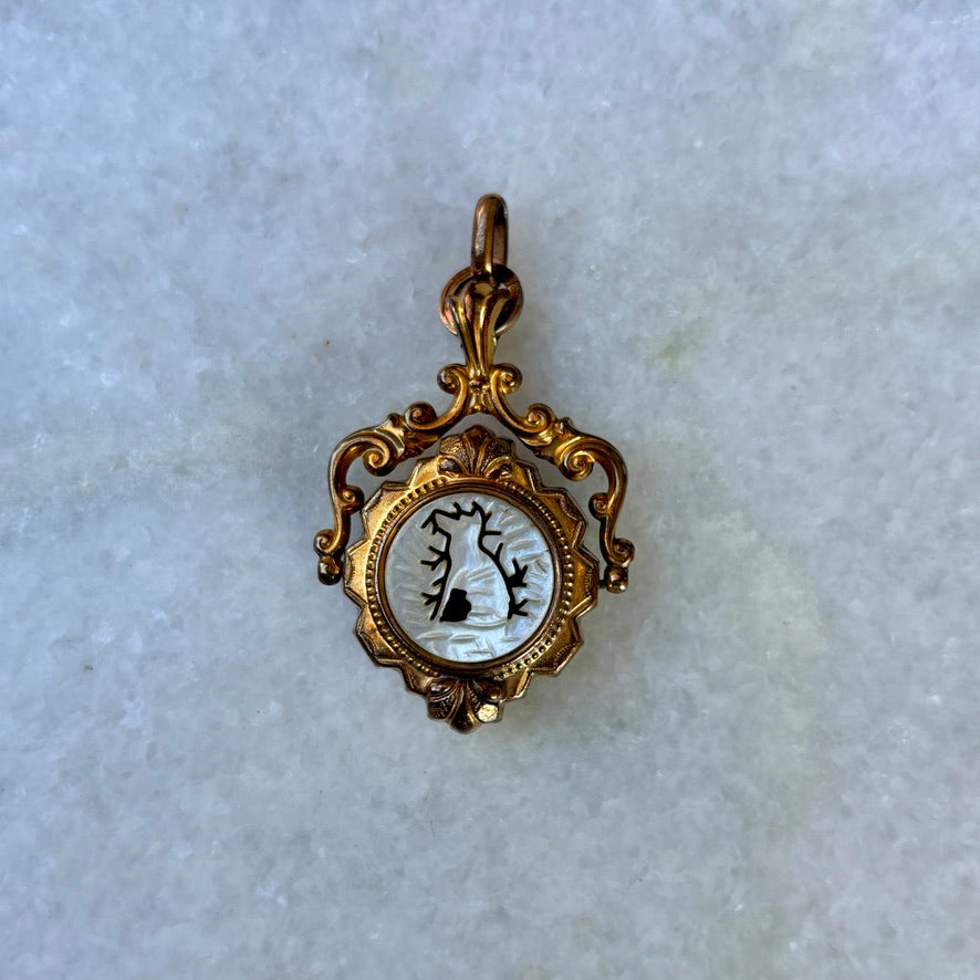 Antique Ornate Double Sided Mother of Pearl Wolf Spinner Banded Agate Fob Pendant