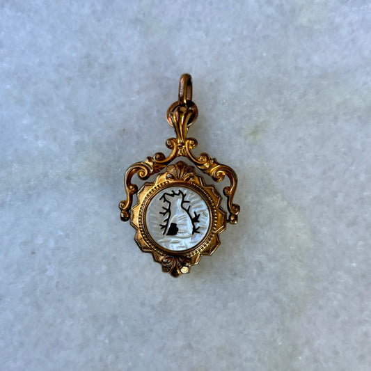 Antique Ornate Double Sided Mother of Pearl Wolf Spinner Banded Agate Fob Pendant