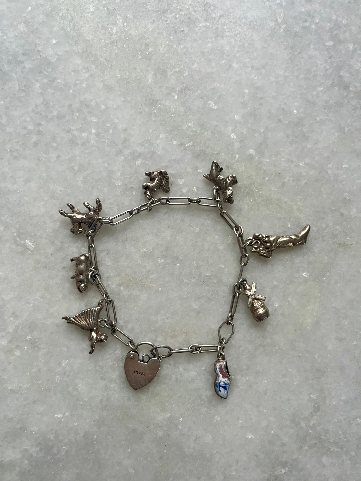 Vintage Sterling Silver Slim Charm Bracelet with 8 Charms and Heart Padlock