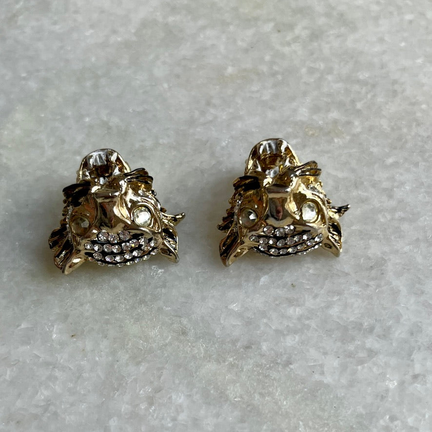 1980s Roaring Wild Cat Rhinestone Clip On Earrings