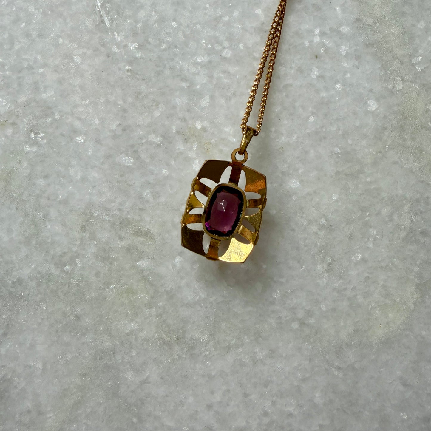 1960s Andreas Daub Rolled Gold Purple Glass Pendant Necklace
