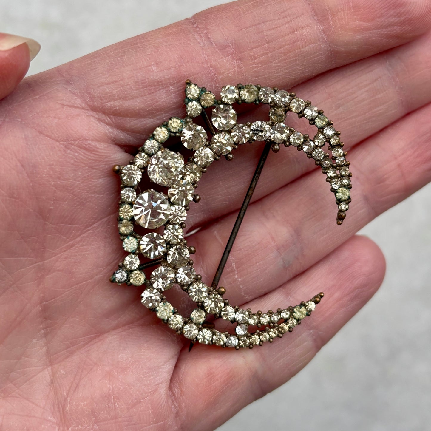 Early Victorian Paste Stone Crescent Moon Brooch