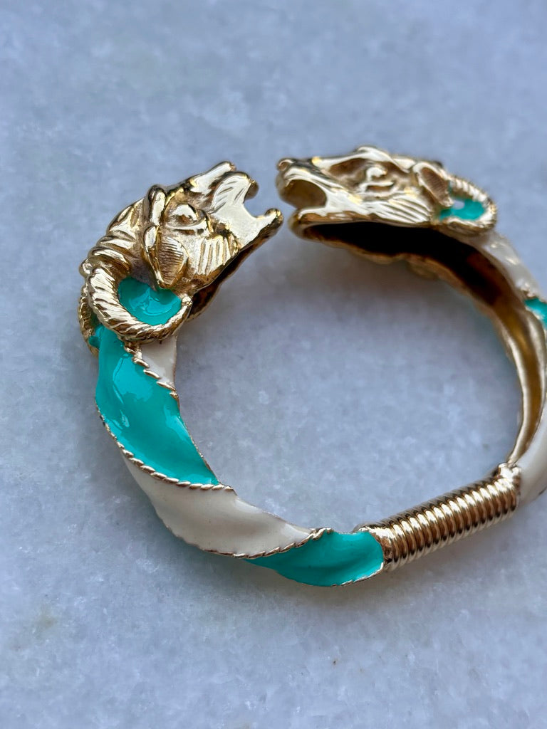 Donald Stannard Kissing Rams Turquoise and White Enamel Bangle