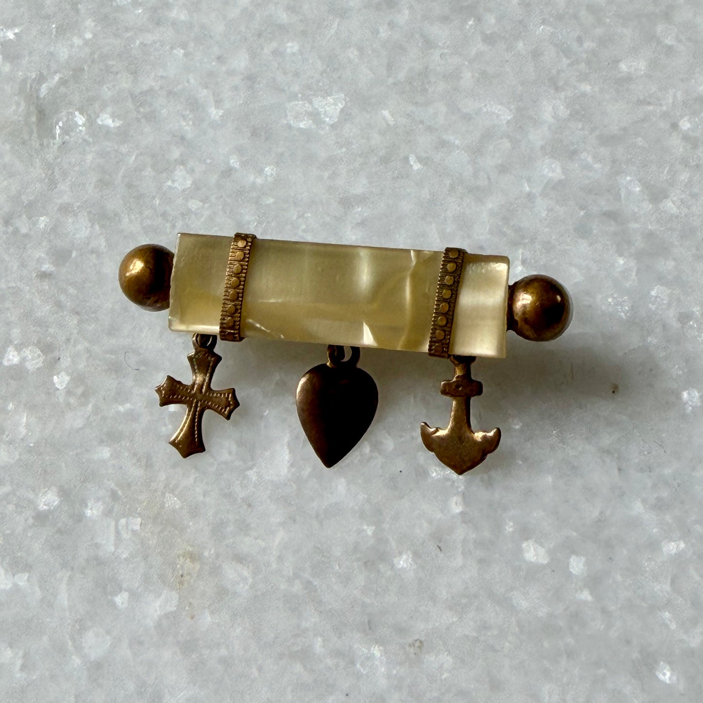 Edwardian Mother of Pearl Faith, Hope and Charity Charm Brooch