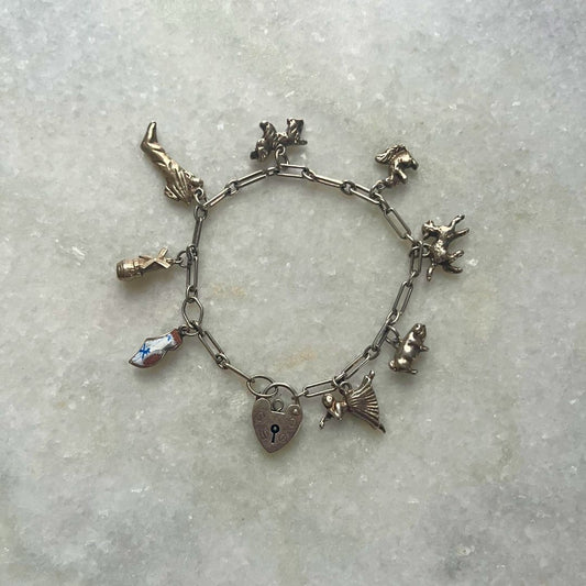 Vintage Sterling Silver Slim Charm Bracelet with 8 Charms and Heart Padlock