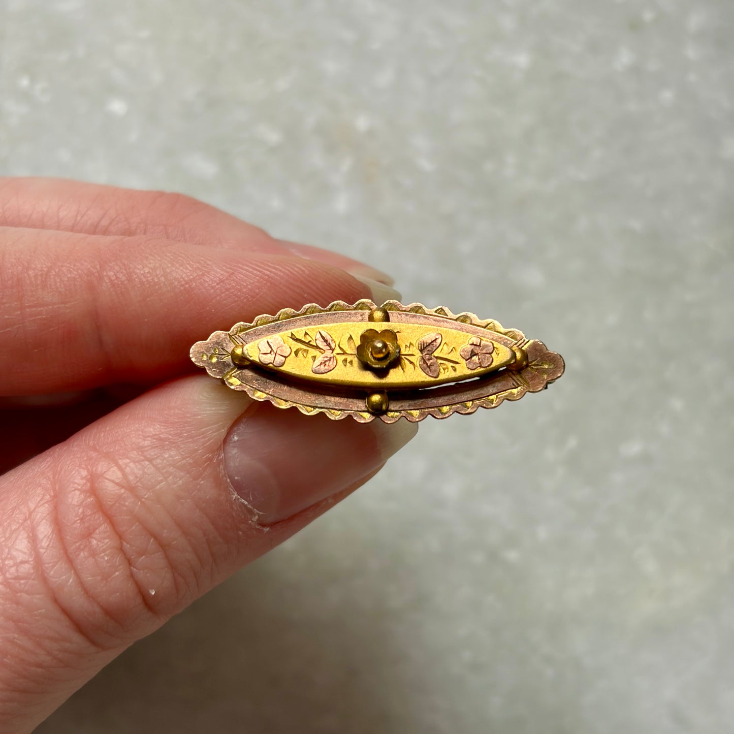 Late Victorian Gold and Rose Gold Tone Floral Bar Brooch by AJC