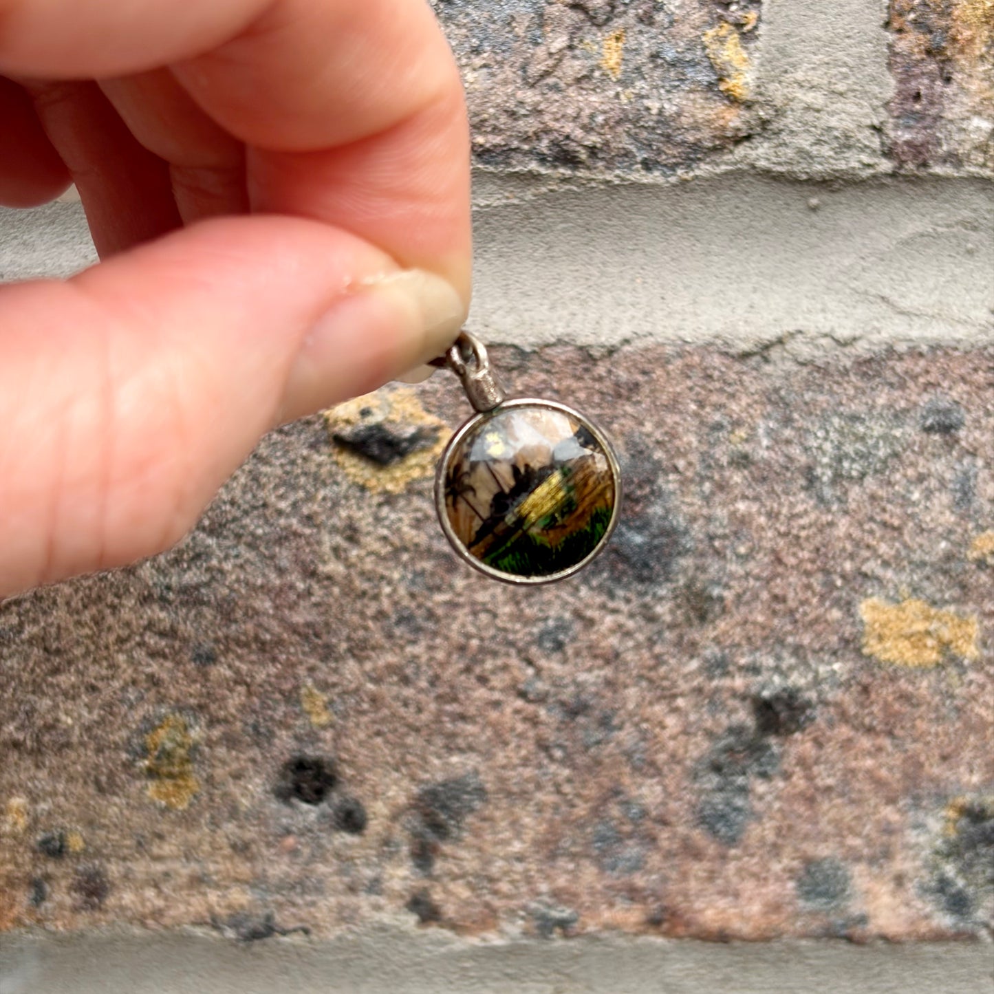 Antique Art Deco Tiny Landscape Pendant with Butterfly Wing