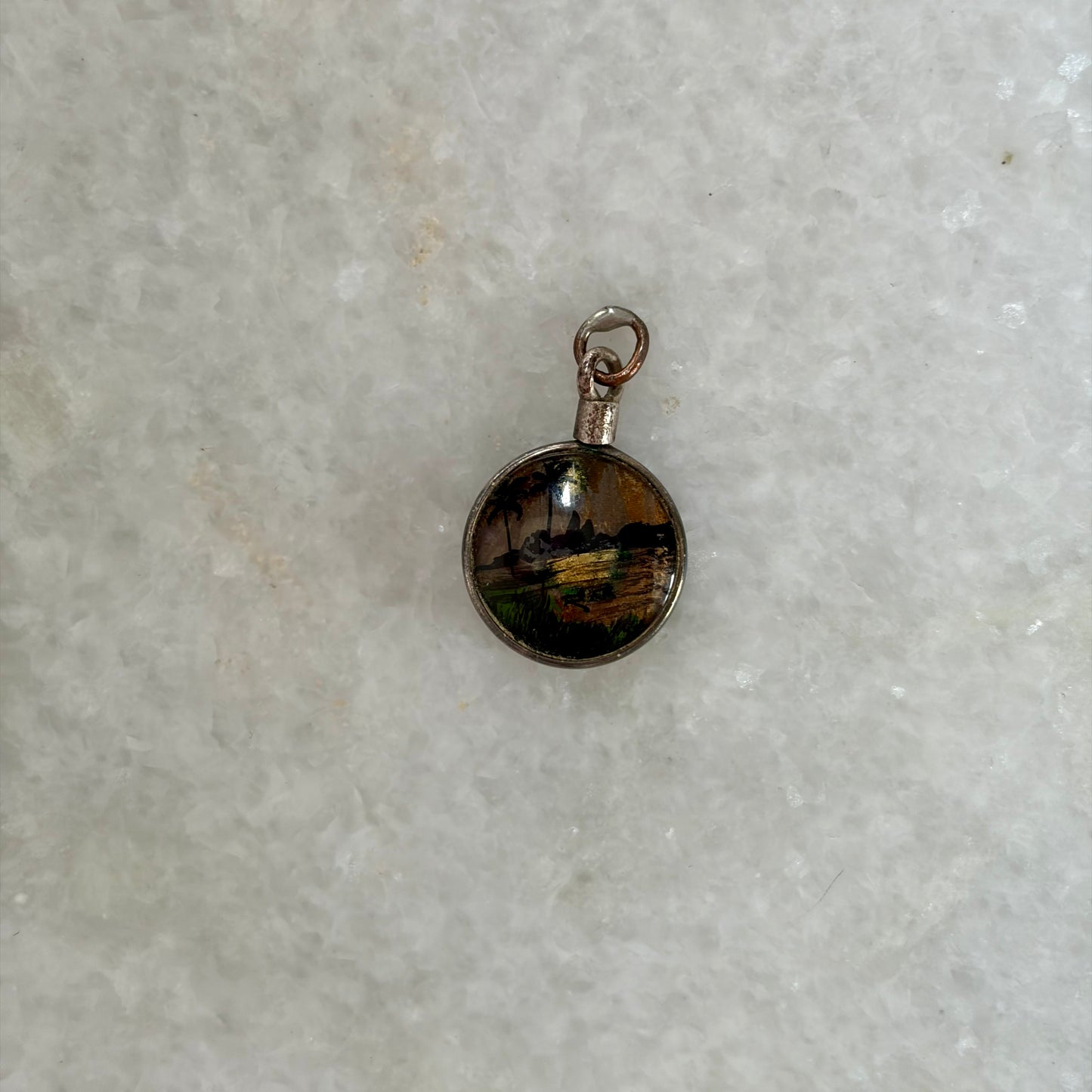 Antique Art Deco Tiny Landscape Pendant with Butterfly Wing