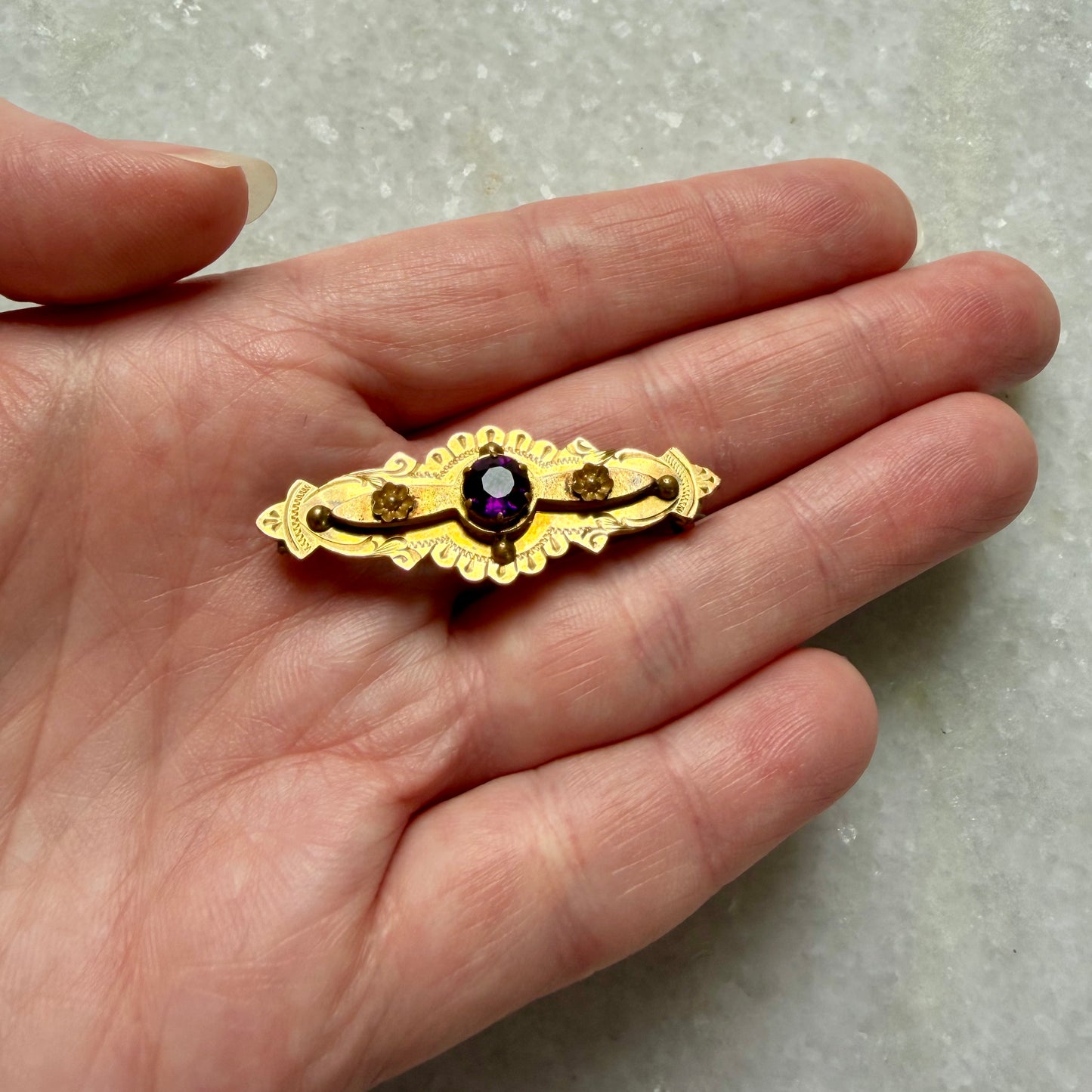Antique Rolled Gold Brooch with Purple Stone