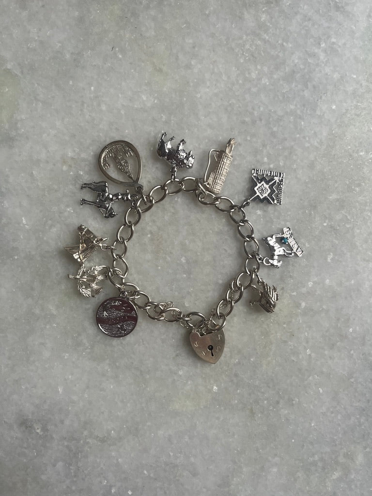 Sterling Silver Charm Bracelet with 10 Charms and Heart Padlock