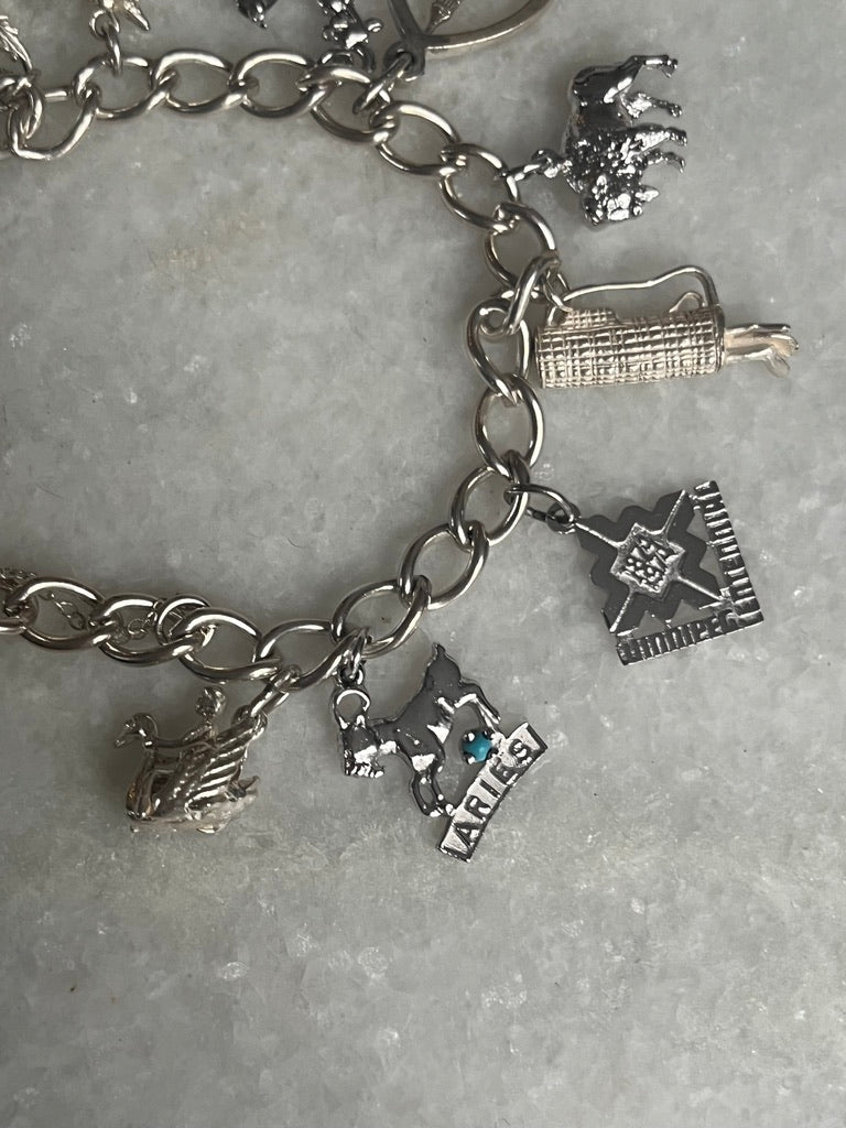 Sterling Silver Charm Bracelet with 10 Charms and Heart Padlock