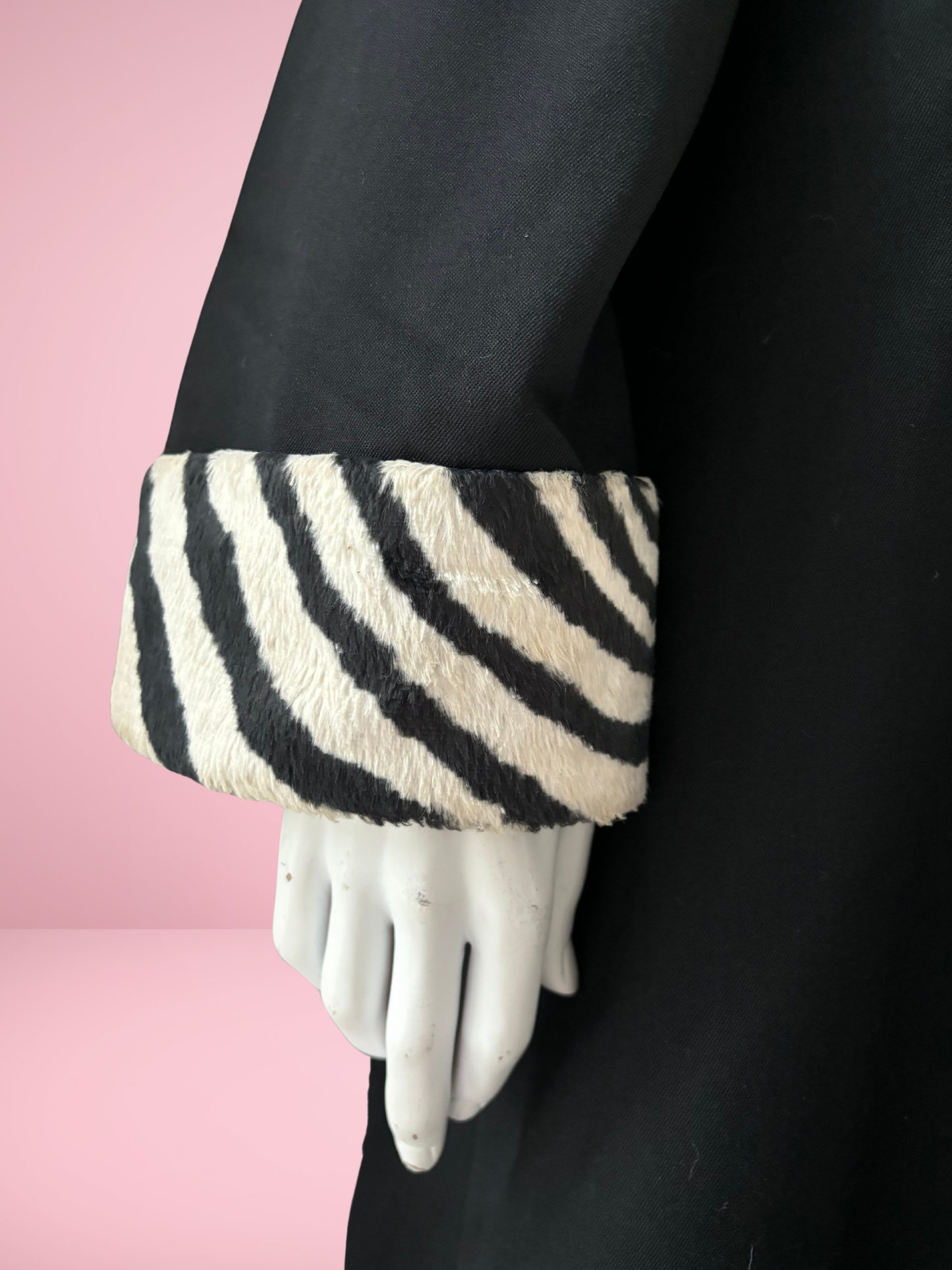 Vintage Zebra Print Faux Fur Trim Long Black Coat