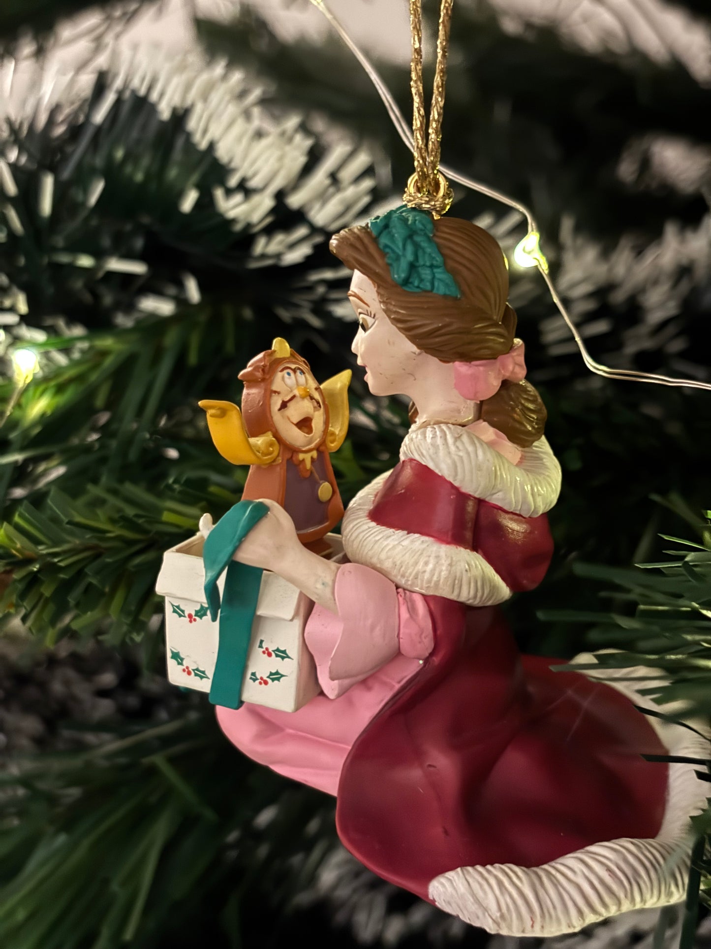 Beauty & The Beast Belle with Cogsworth in Present Christmas Decoration