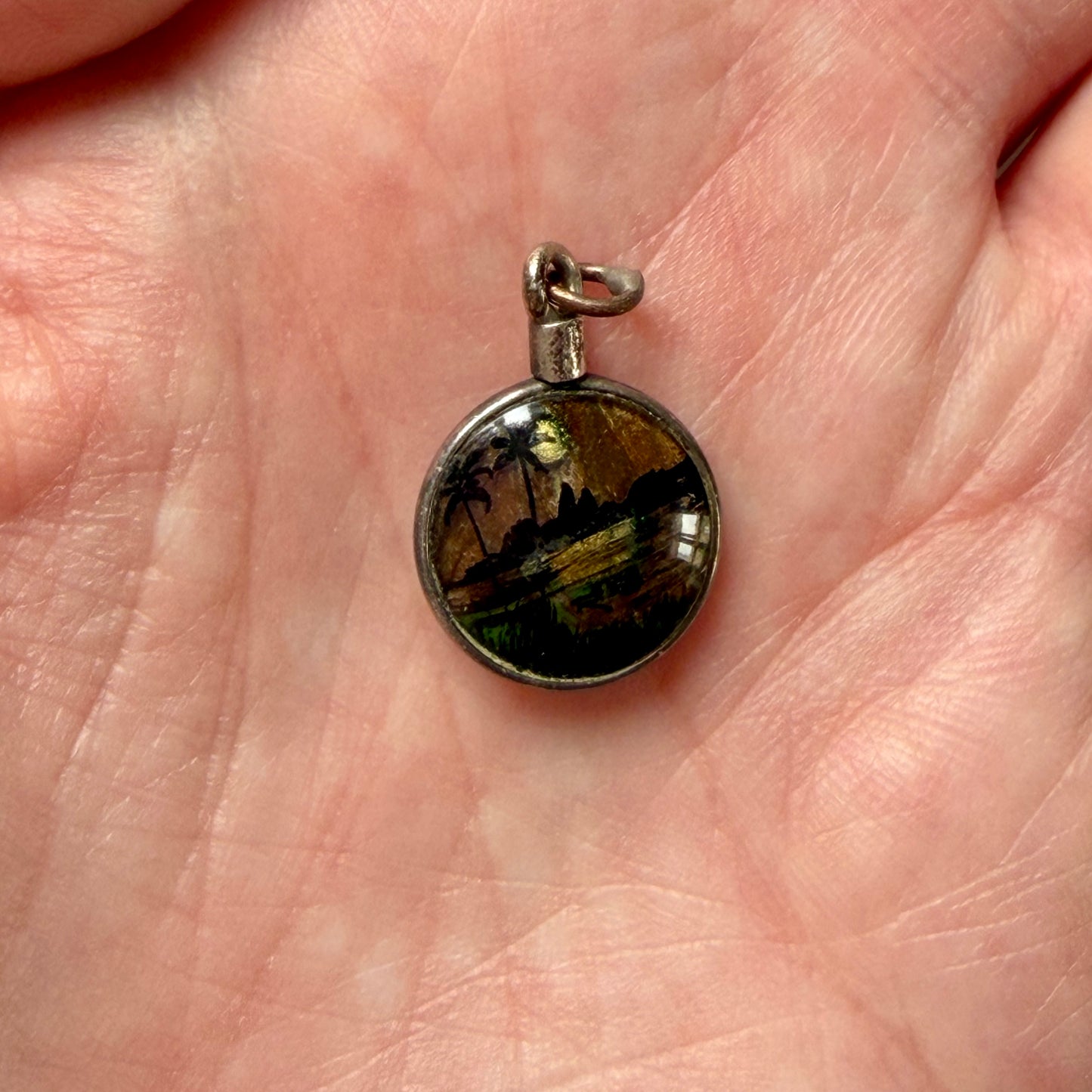 Antique Art Deco Tiny Landscape Pendant with Butterfly Wing
