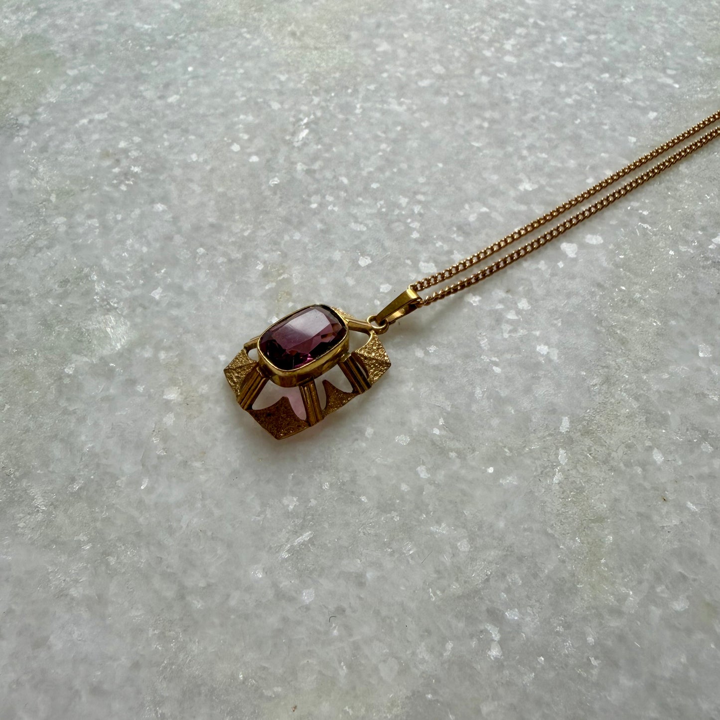 1960s Andreas Daub Rolled Gold Purple Glass Pendant Necklace