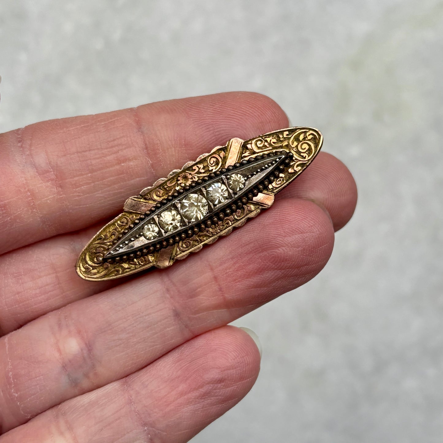 Victorian Rolled Gold Etched Paste Stone Bar Brooch