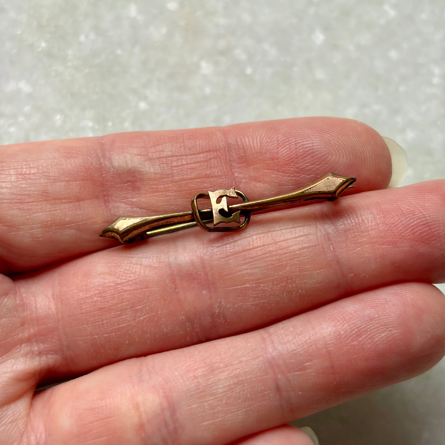Rolled Yellow and Rose Gold E Initial Bar Brooch by AJC