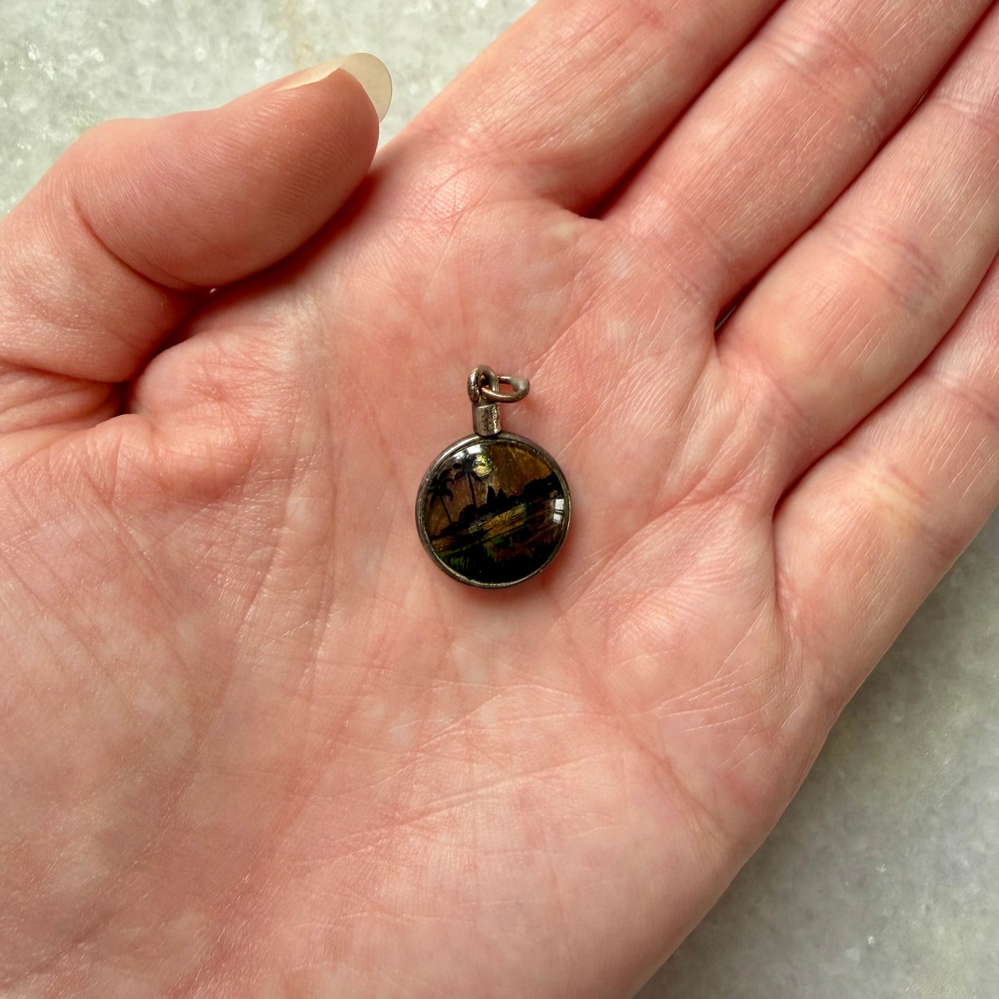 Antique Art Deco Tiny Landscape Pendant with Butterfly Wing