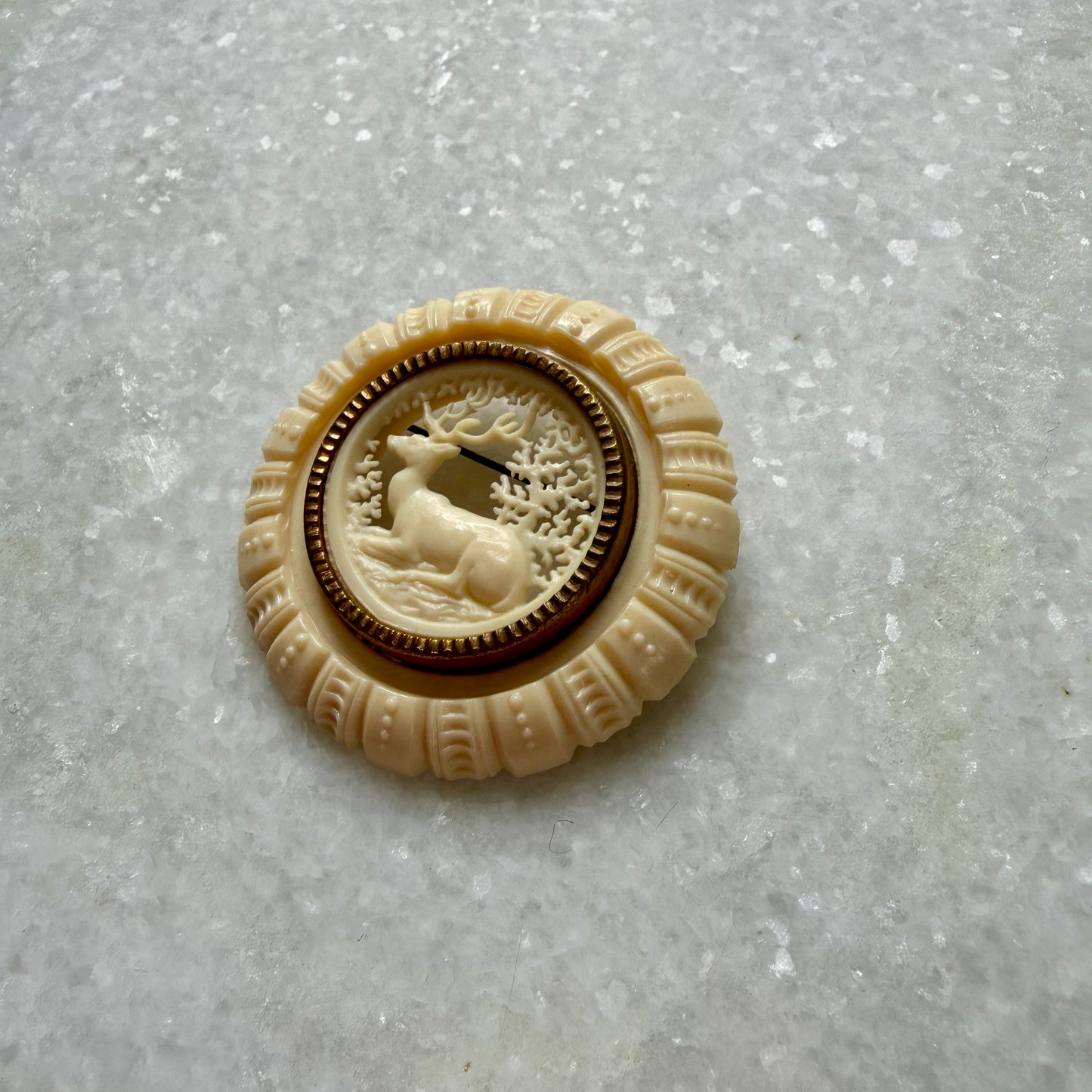 1930s-1940s Carved Celluloid Deer/Stag Forest Brooch