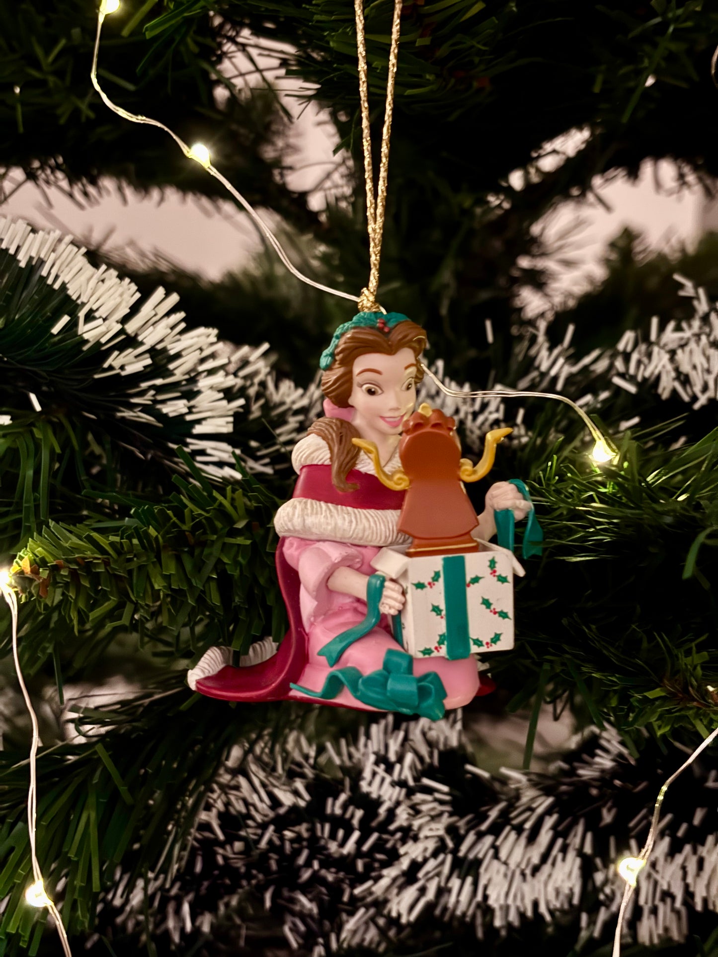 Beauty & The Beast Belle with Cogsworth in Present Christmas Decoration