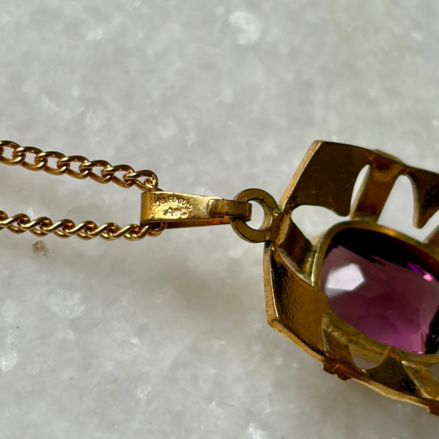 1960s Andreas Daub Rolled Gold Purple Glass Pendant Necklace